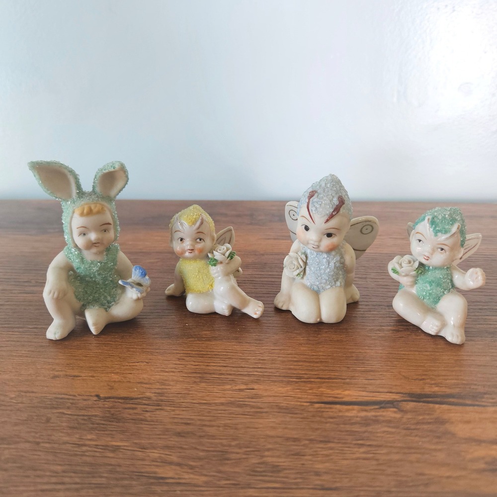 Vintage Made in Japan Porcelain Sugar Fairy Pixie Bunny Figurine Set of 4